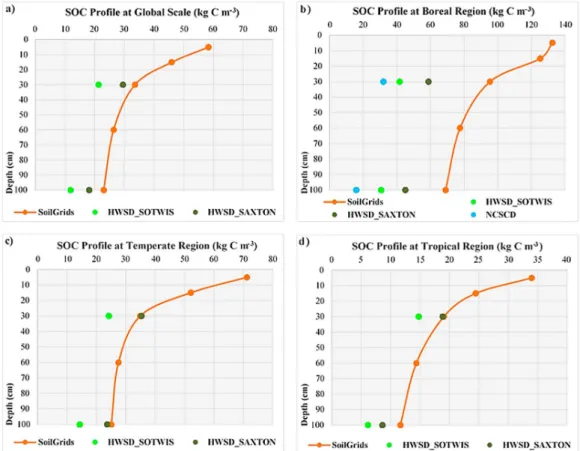 Figure 3. The carbon proﬁles (kg C m  3 ) on the global and regional scales; the symbol is located at the lower depth of the corresponding layer.