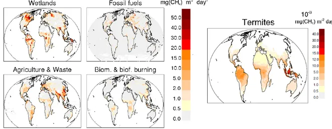 Figure 1.5  Cartes présentant la répartition mondiale des émissions de méthane provenant de cinq types de sources : les zones humides, les énergies fossiles, l'agriculture et les feux de biomasse et de biofuel pour la période 2003-2012 et les termites pour