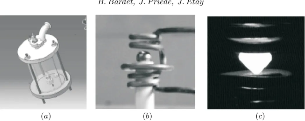 Fig. 1. Experimental set-up: enclosure of test – in the center the nickel sphere on its support before fusion – on the right the molten load of nickel in levitation.