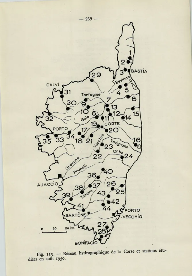 Fig.  113. -  Réseau  hydrographique  de  la  Corse  et  stations  étu- étu-diées  en  août  1950