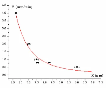 Fig. 3. 24. Variation du rayon des bulles de gaz en fonction de la vitesse de tirage. En rouge  est représentée l’équation 3