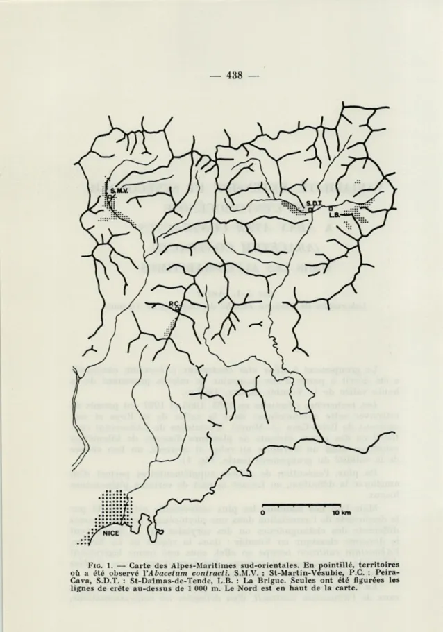 FIG.  1.   —  Carte  des  Alpes-Maritimes  sud-orientales.  En  pointillé,  territoires  où  a  été  observé  l'Abacetum  contracti