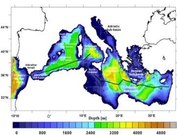 Figure 1. Map of the NEMO-MED12 model domain and bathymetry with location of the main Mediterranean sub-basins.