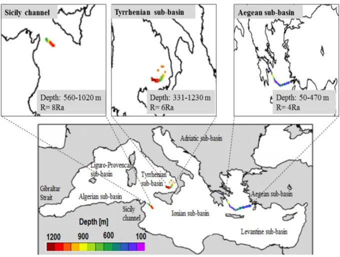 Figure 3. Depth (in metres) and localization of mantle helium injection in the Mediterranean Sea.