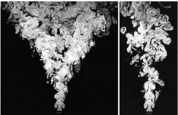 Figure 1 . 10 : Bifurcating (left) and bisecting (right) plane views of a bifurcating jet at Re = 4300 with R f = 2