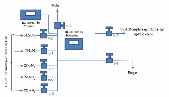 Figure 2- 6. Schéma simplifié de la ligne de chargement de gaz avec le système de vannes installé à l’intérieur de la Sorbonne.
