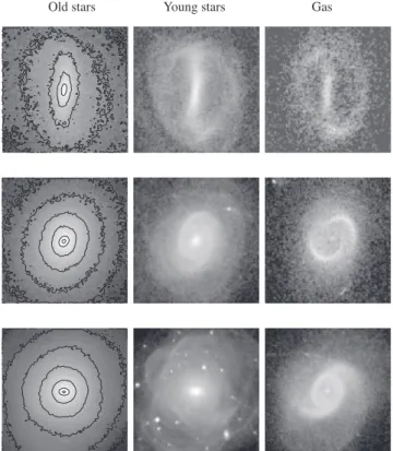 Figure 6. Top panel: radial line-of-sight velocity and velocity dispersion proﬁles (respectively bottom and top lines of the plot) for the mean  ellip-ticity projection along the global kinematic position angle of the Wet-Slow simulation (right-hand panels