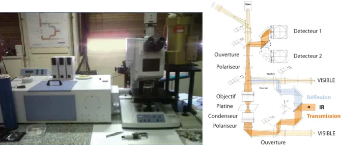 Figure II.2 –  a)  photo  du  Bruker TM   IFS66v  couplé  au  microscope  Bruker TM   HYPERION  au  laboratoire des colloïdes, verres et nanomatériaux (Université de Montpellier) ; b) schéma du  chemin des faisceaux optiques de l’HYPERION (d’après la broch
