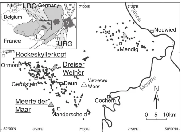 Fig. 1. Location and distribution of Tertiary and Quaternary volcanic centers (points) in the Eifel Volcanic Field
