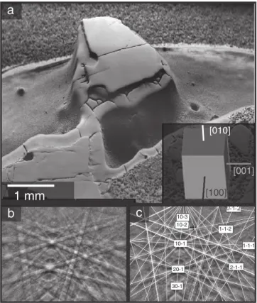Fig. 2. a). Backscattered electron image of an olivine grain (500 μm thick) from sample DW with its crystallographic orientation calculated from Kikuchi bands