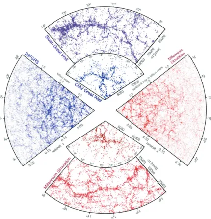 Figure 1.4: Comparison between Sky Survey programs (Sloan Digital Sky Survey SDSS, Two degree Field Galaxy Redshift Survey 2dFGRS) and Numerical Simulations (Millennium) from [Springel et al., 2006] ﬁgure 1