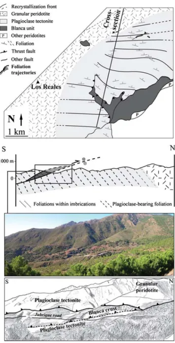 Figure 9. Foliation trajectories (map) and cross section of the plagioclase tectonite that both illustrate the occurrence of a north verging fault affecting the Pl-bearing foliation at its vicinity