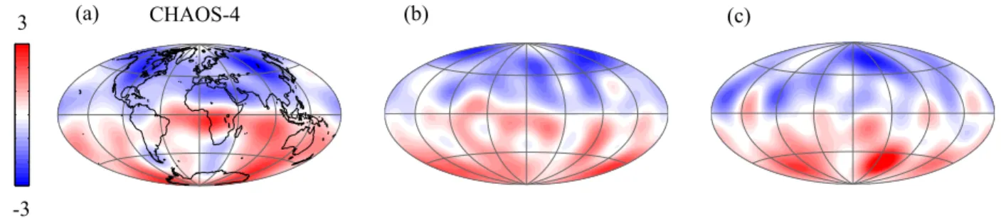 Fig. 2 illustrates morphological similarities between the geomagnetic field (Fig.2a) and the field produced