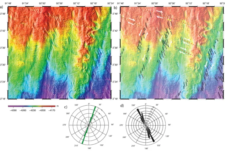 Fig. 8. (a) Shaded relief bathymetry map and (b) tectonic interpretation of NNE shear zones (see Fig