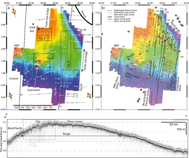 Fig. 3. (a) Bathymetry map (shaded relief with illumination from the NE) of the Wharton Basin, acquired during the MIRAGE 1 cruise