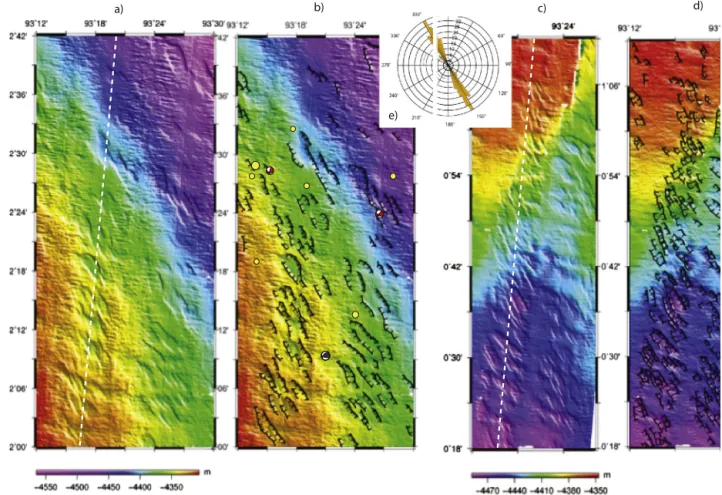 Fig. 6. Shaded relief bathymetry map (a) and tectonic interpretation (b) of bending-related normal faults