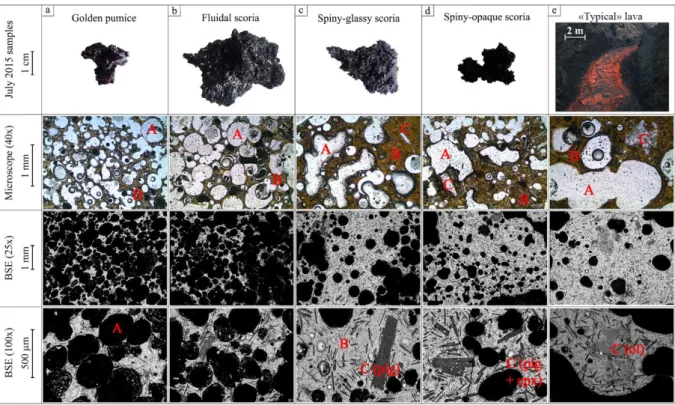 Fig. 5 – General texture of the different July 2015 quenched samples: (a) golden pumice, (b) fluidal scoria, (c)  746 