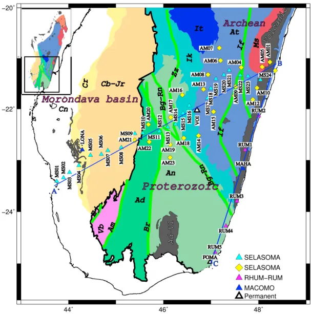 Figure 1. Simpliﬁed geological map of southern Madagascar [after Boger et al., 2008a, 2008b, 2008c; Martelat et al., 2000; Roberts et al., 2012; Tucker et al., 2011] and distribution of the seismic stations used in this work