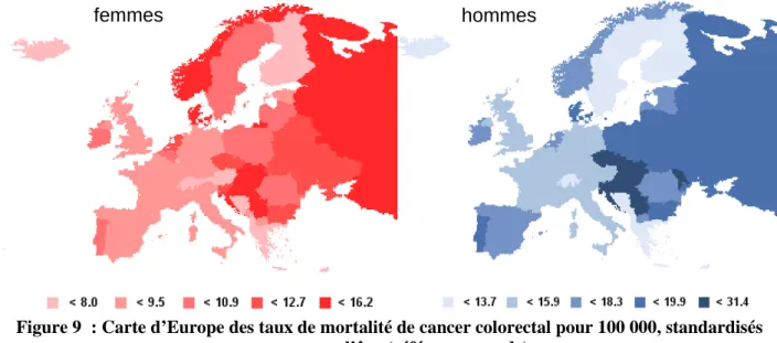 Figure 9  : Carte d’Europe des taux de mortalité de cancer colorectal pour 100 000, standardisés  sur l’âge (référence monde) 