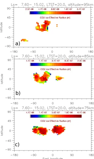 Fig. 2: Map of maximum CO 2  ice clouds opacity at 1 µm, at  a  local  time  of  20  LTST, bewteen   7.6 and 15.02° LS.