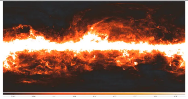 Figure 2.4 - A panoramic view of the Schlegel et al. (1998) dust maps, colour-coded by E ( B − V ) 