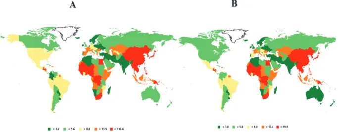 Figure I.21. Taux dincidence et mortalité liés au carcinome hépatocellulaire ajustés sur  lâge dans le monde en 2008/100.000 habitants (daprès Ferlay  et al