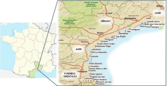 Figure 1: Map of the coastal resort communities in the Languedoc Rousillon 