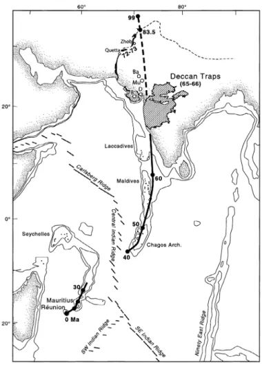 Figure 1.22 – Trace du point chaud de la Réunion sur la plaque Indo-Australienne et interaction avec les trapps du Deccan (Mahoney et al., 2002).
