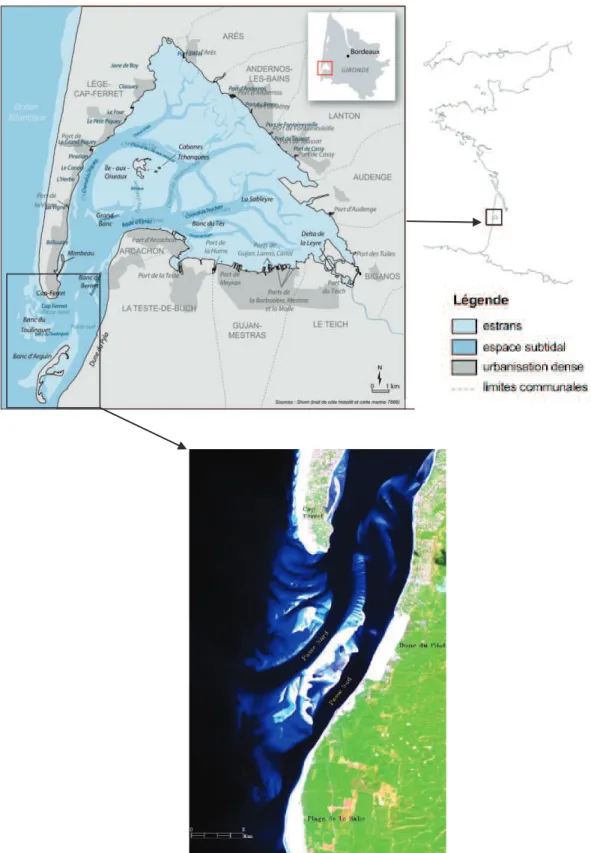 Figure 1: Toponymie, situation géogrpahique et passes internes et externes du Bassin d'Arcachon vues par le  satellite SPOT (adapté de Le Berre et al., 2010 et Littaye et al., 2011) 