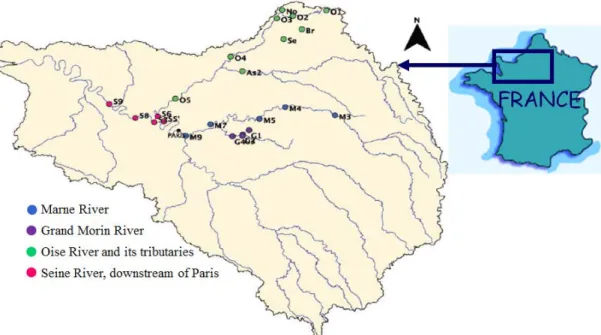 Figure 2.1 Location of sampling sites in 2011 in the Seine River catchment, France   (Varrault et al., 2013) 