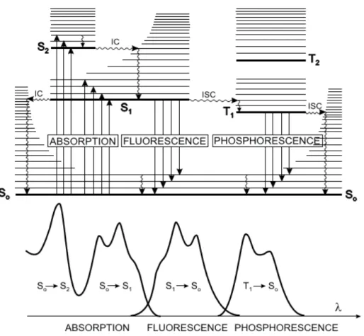 Figure 2.4 Perrin–Jablonski diagram and illustration of the relative positions of absorption,  fluorescence and phosphorescence spectra (Valeur, 2001) 