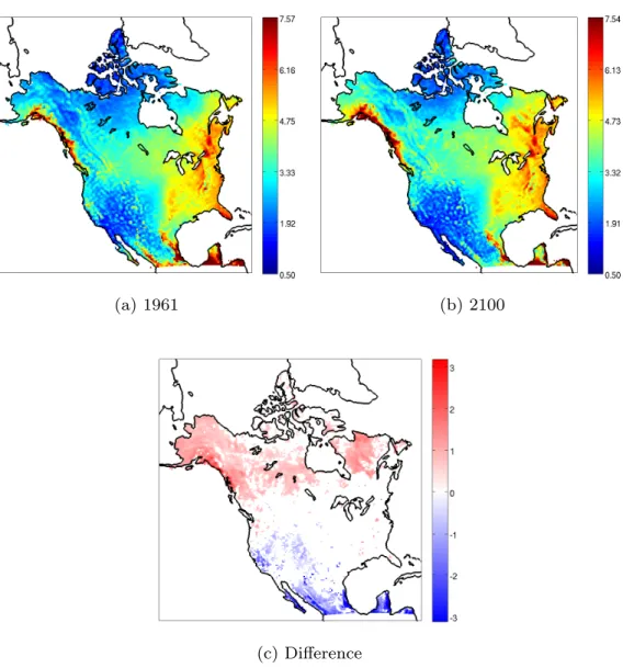 Figure 2.4 – Model expectation of summer total precipitation intensity in mm for (a) 1961, (b) 2100 and (c) for the difference between 2100’s and 1961’s intensities.