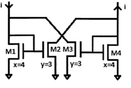 Figure 13:  Model  of Stage  2's cross-coupled  W=9=3*3,  in  order  to  fulfill  the  X/Y  ratio  in  the devices