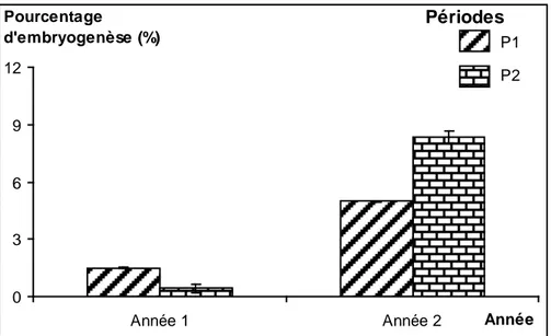 Figure  10 :  Pourcentage d’embryogenèse associé à chacune des périodes de pluviosité durant les 2  années d’étude