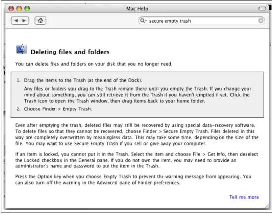 Figure 2-22: Typing “Secure empty trash” into the MacOS 10.3 Apple Help Viewer causes the application to display this help page describing the difference between Empty Trash and Secure Empty Trash.