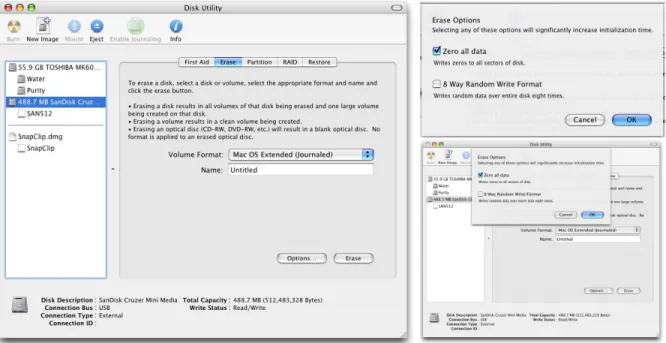 Figure 2-29: The Apple MacOS 10.3 Disk Utility (left) has an “Options” button which, when pressed, displays a subpanel (upper right) gives the user the option to overwrite the disk with zeros or eight passes of random data