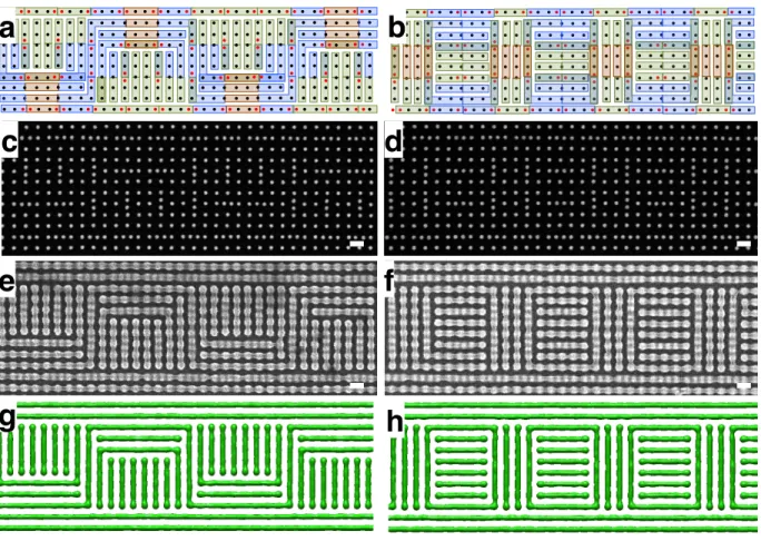 Figure 4: Two examples of complex block-copolymer pattern fabrication. a,b, Two template  layouts  to  fabricate  complex  patterns  consisting  of  dense  bends  and  terminations