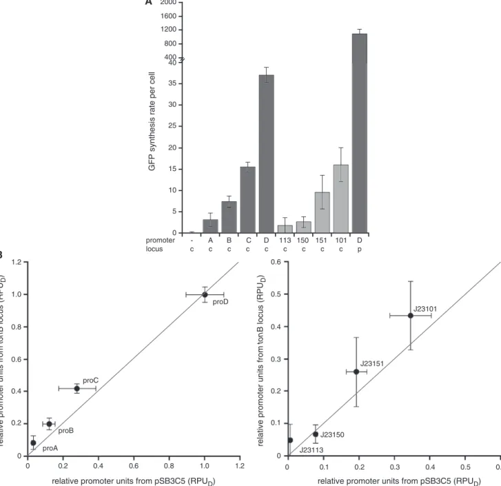 Figure 5. Promoter activity from a chromosomal locus. Promoters driving the expression of GFP were recombined onto the chromosome down- down-stream of the tonB locus, and the activity of the promoter was measured using GFP ﬂuorescence