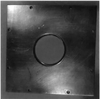 Figure  6-3:  Chamber  lid:  hole  for  quartz  disc  and  clearance  holes  to  be  mounted  to chamber  body  with  screws.