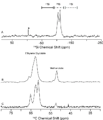 Figure 3. MAS NMR of the Si complexes at 16.4 T (697 MHz,  1 H): both  29 Si (A) and  13 C (B) of  B-assisted complex as well as  13 C of B-undoped one (C)