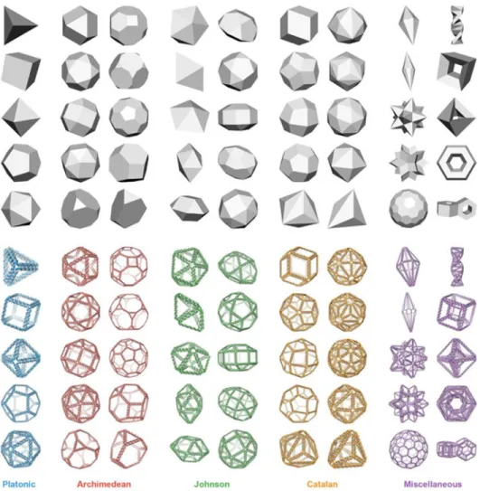 Fig. 2. Fully automatic sequence design of 45 diverse scaffolded DNA origami nanoparticles (Top) Face-shaded 3D representations of geometric models used as input to the algorithm