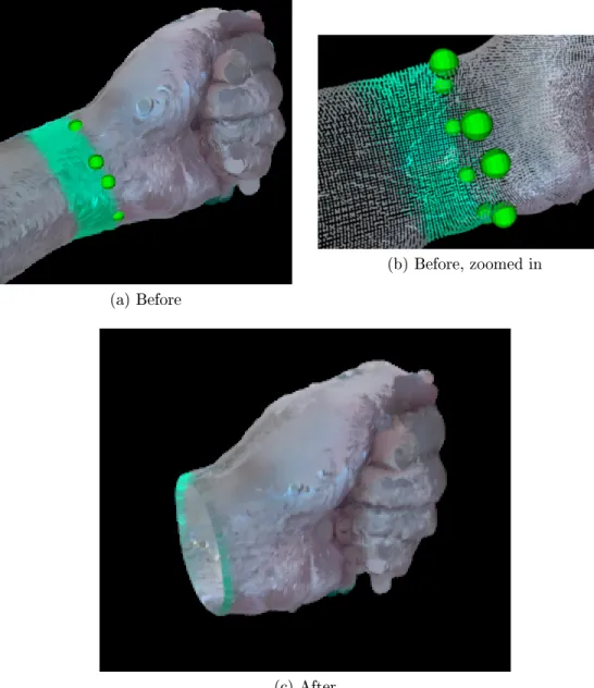 Figure 3-9: Surface trimming example. In this case the left human arm is undergoing truncation to measure volume of the hand from the wrist up