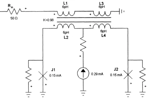 Figure  4-2:  Design  schematic  of  input  SQUID  comparator.  Note  that  there  is  a resistive  divider  at  the  input  which  provides  a  50  Q termination