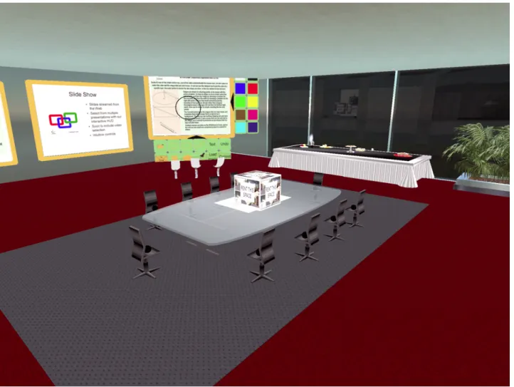Figure 3 . 4 : A traditional Second Life meeting room, complete with a table of virtual food in the back of the room.