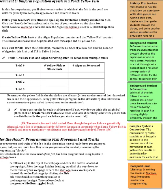 Figure  4.  Excerpt  of  the  teacher  guide  for  the  evolution  unit.  The  callouts  provide  background  information and suggestions for running the simulation in class