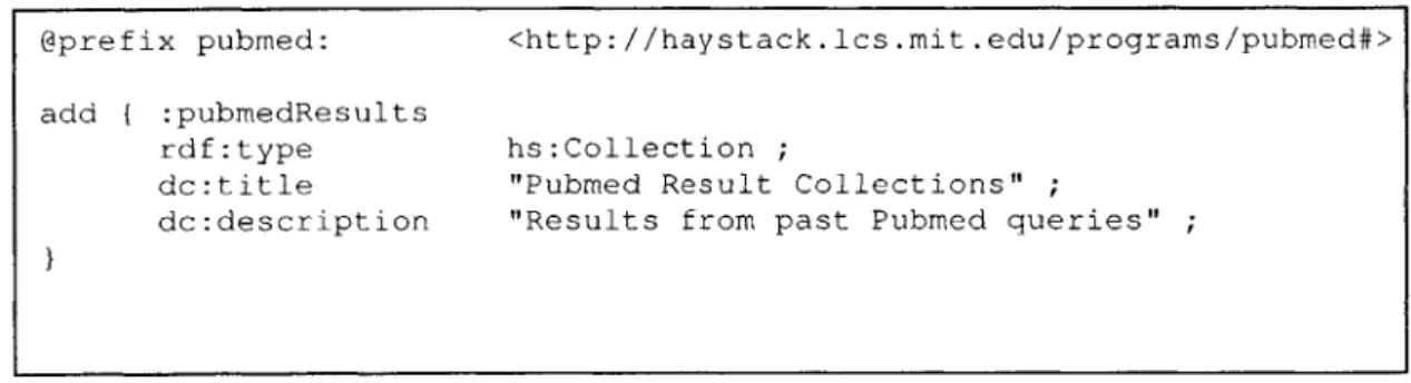 Figure  3-10  shows  how  the  RDF  statements  shown  in  Figure  3-8  above  would  be  added into  the Haystack  environment  using  adenine  syntax.