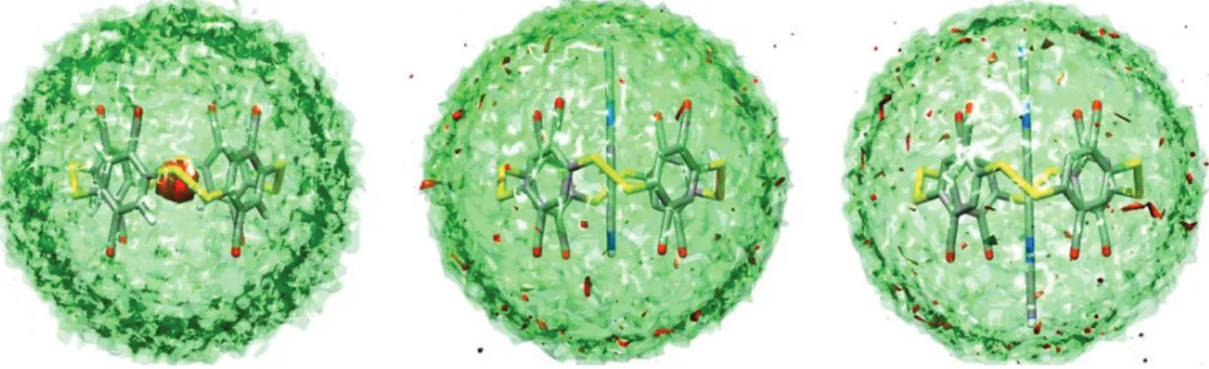 Figure 11: Maps of the enthalpy and entropy of solvation obtained by GIST. Green, E tot  = -0.00862 kcal/mol.A 3 ,  Red, -TdS tot  = 0.000585 kcal/mol.A 3
