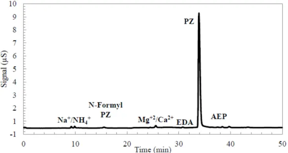 Figure 8: Example of chromatogram obtained after the analyses of a thermally degraded PZ  sample
