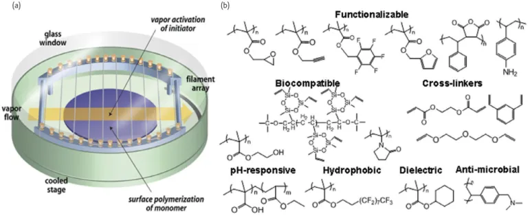 Fig. 2 (a) Schematic of a typical iCVD reactor. (b) Some functional monomers polymerized by iCVD and piCVD