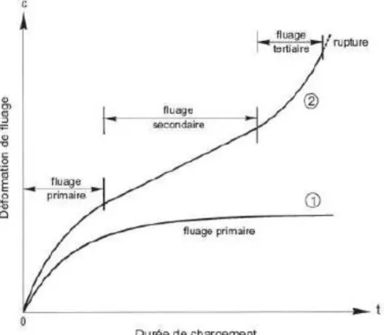 Figure I. 19 : Evolution de la déformation de fluage en fonction du temps, sous charge  modérée (1) et sous charge intense (2) pouvant conduire à la rupture par fluage tertiaire [34]